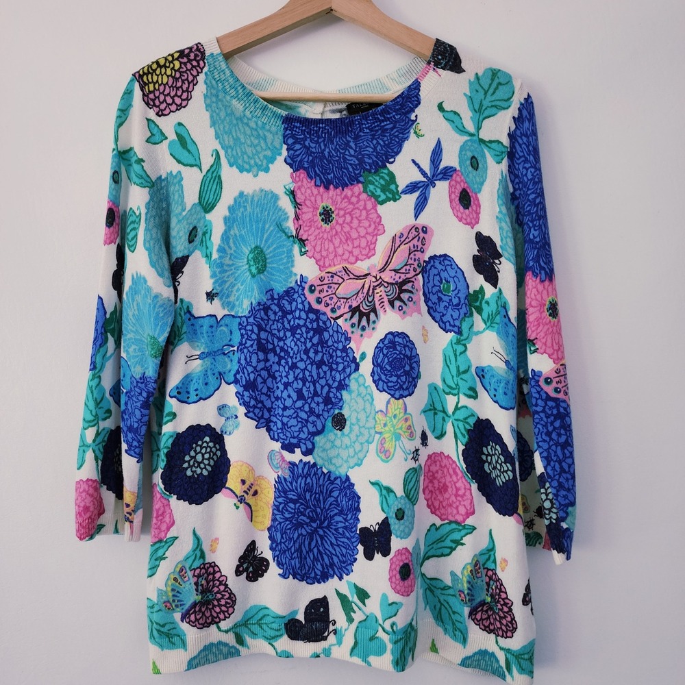 Talbots Petites Floral Butterfly Print 3/4 Sleeve Button Back Sweater Top MP - Picture 2 of 6